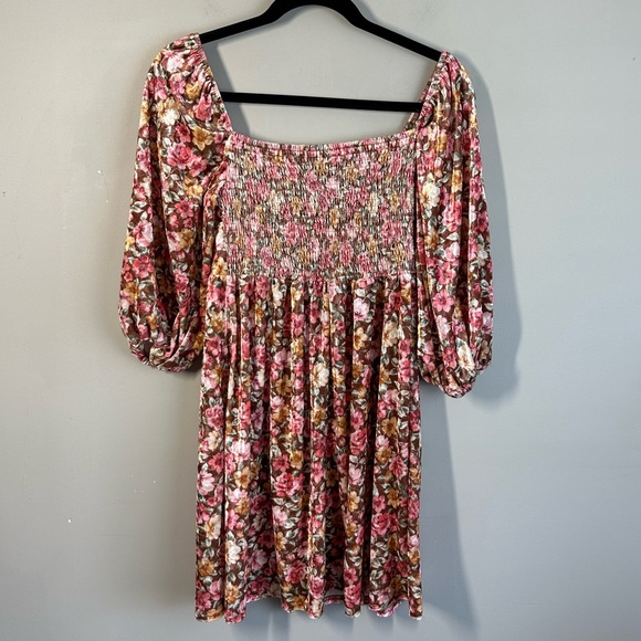Peach Love Womens Brown Floral Velvet Dress Smocked Fairycore Size S Cottagecore - Picture 3 of 12